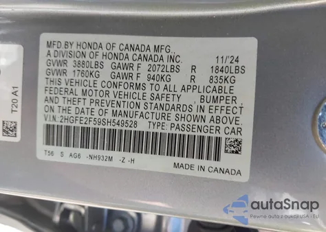 2025 Honda Civic Sport z USA, uszkodzony, nr VIN 2HGFE2F59SH549528